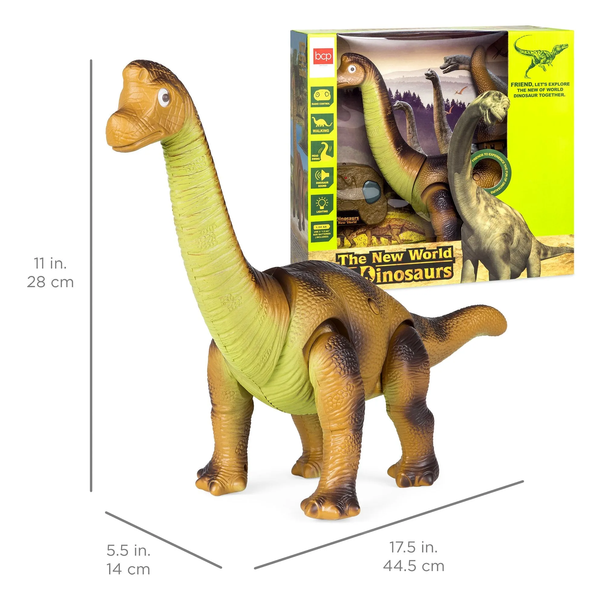 17.5in Kids Remote Control Stomping and Roaring Dinosaur Brachiosaurus Toy