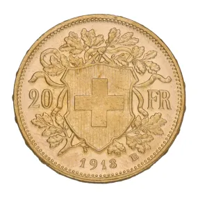 22ct Gold Helvetia Swiss 20 Francs Coin 1913