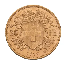 22ct Gold Helvetia Swiss Francs Coin 1930