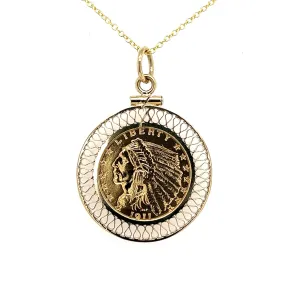 2.50 Dollar Quarter Eagle US Gold Coin Pendant 14K Gold Bezel Setting (Pre-1933)