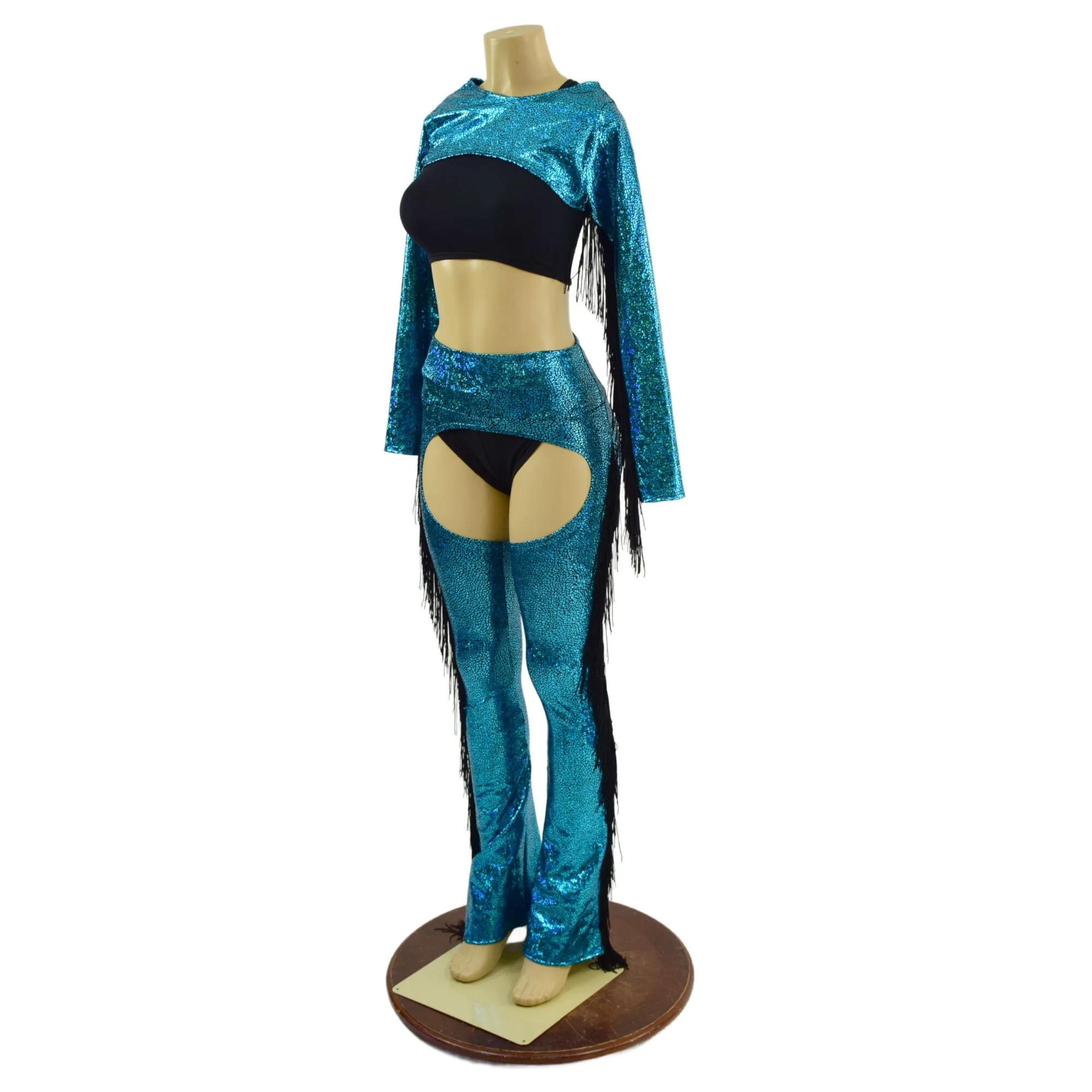 2PC Turquoise Fringe Bolero and Bootcut Chaps Set (Shorts and crop top sold separately)