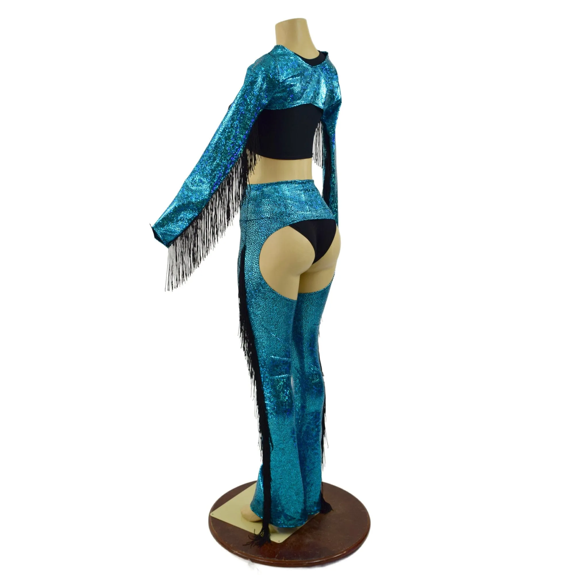 2PC Turquoise Fringe Bolero and Bootcut Chaps Set (Shorts and crop top sold separately)