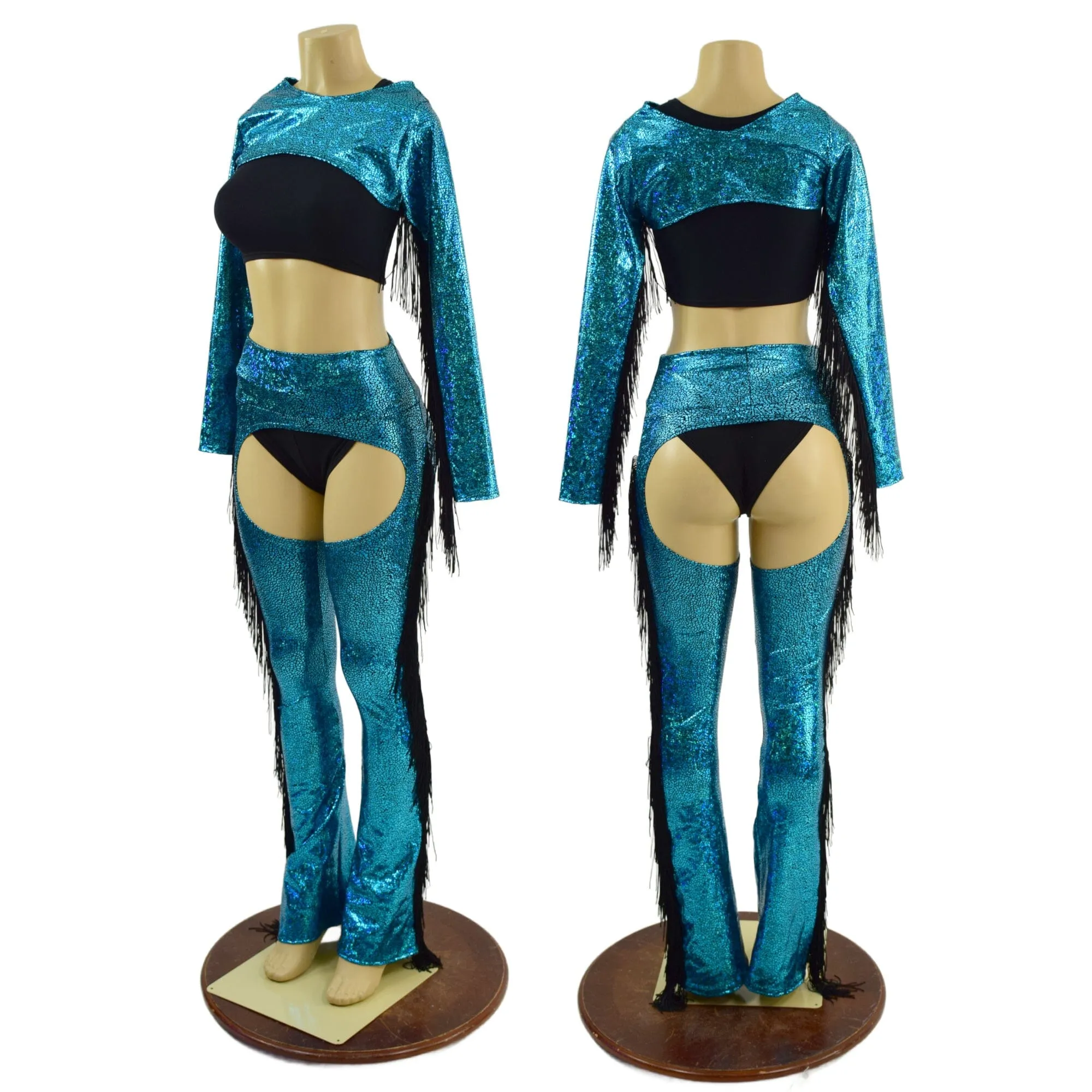 2PC Turquoise Fringe Bolero and Bootcut Chaps Set (Shorts and crop top sold separately)