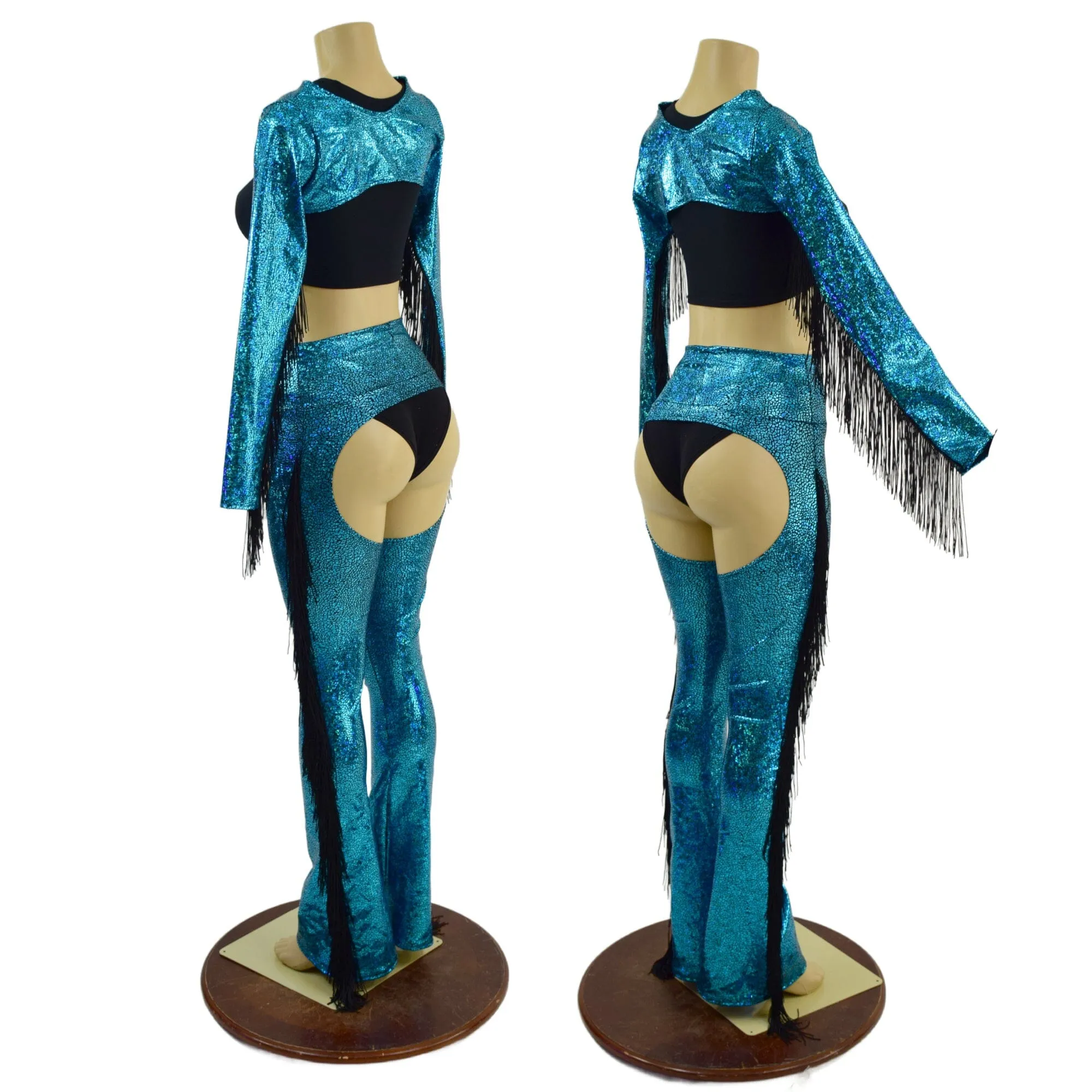 2PC Turquoise Fringe Bolero and Bootcut Chaps Set (Shorts and crop top sold separately)