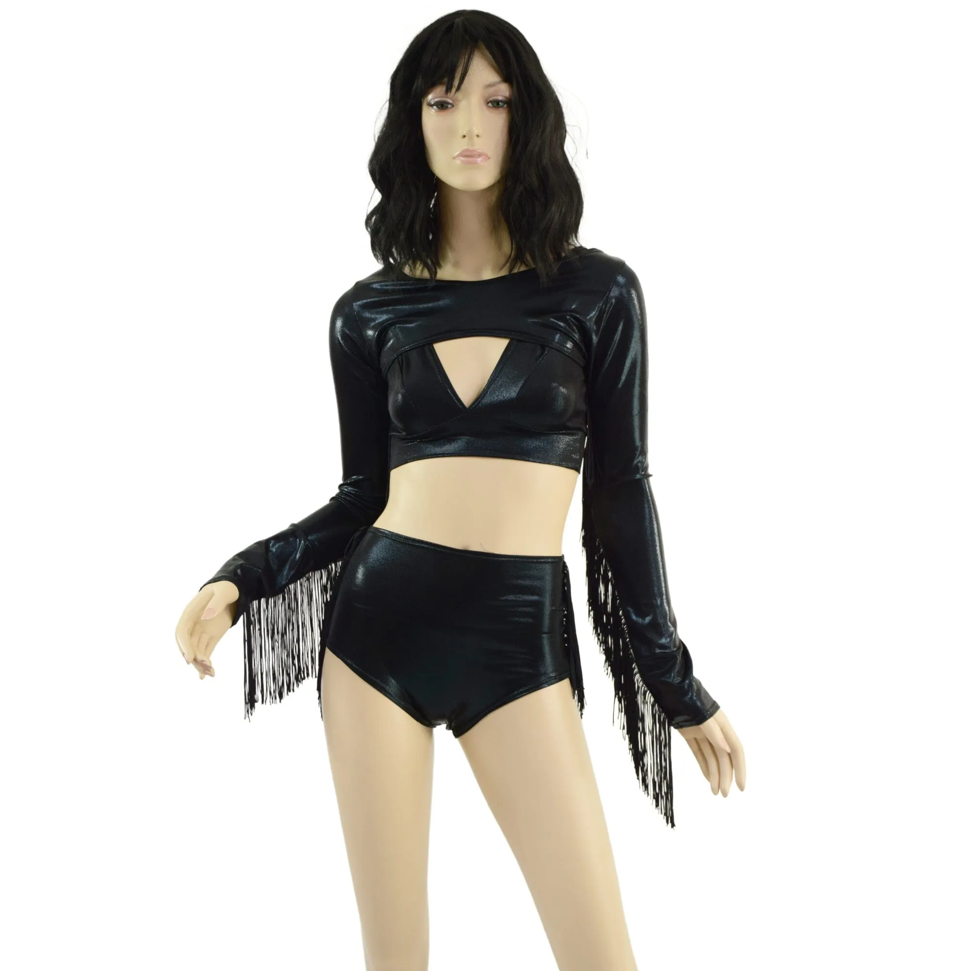 3PC Black Bolero, shorts, and bralette set with fringe