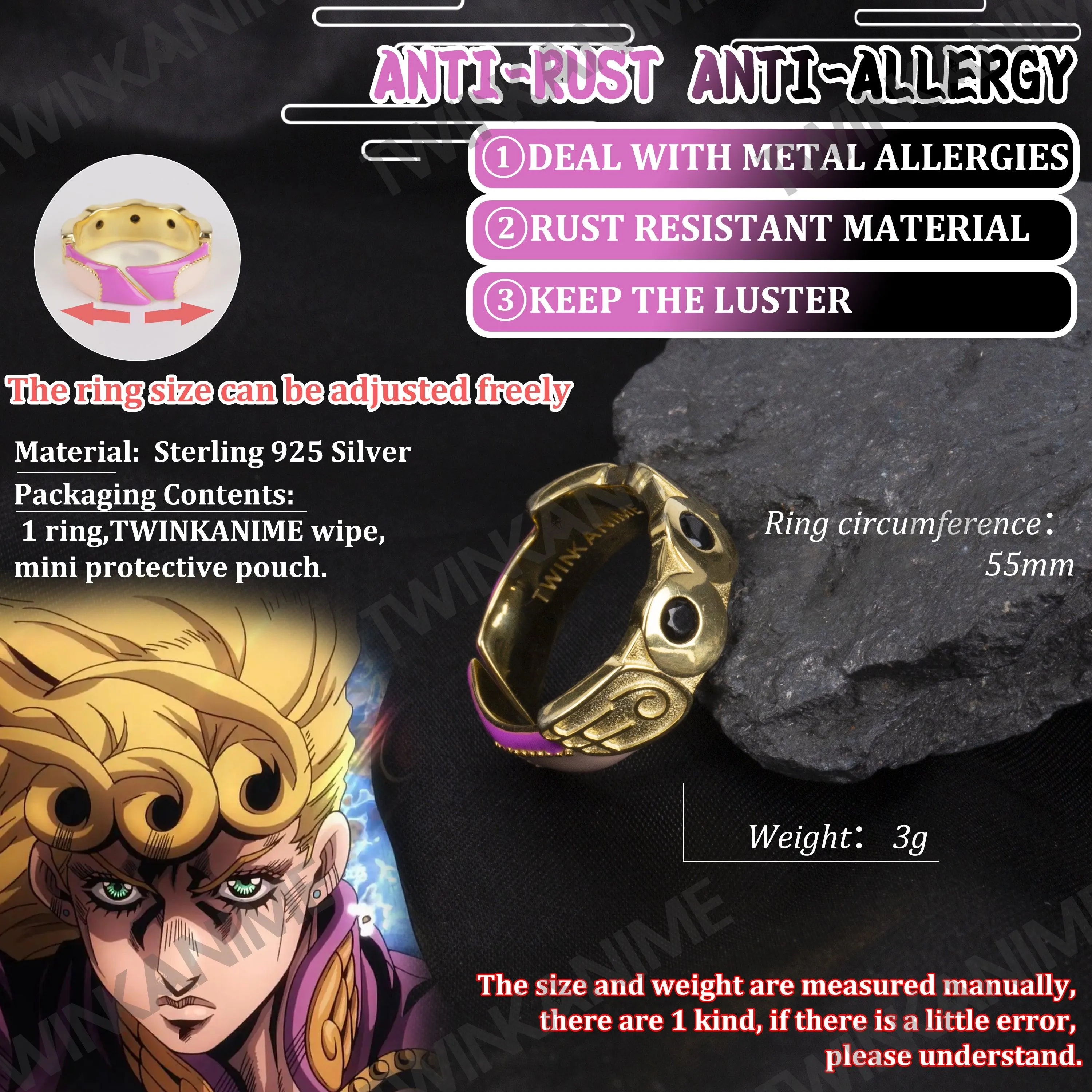 Anime JoJo'S Bizarre Adventure Giorno Giovanna Manga Adjustable S925 Ring