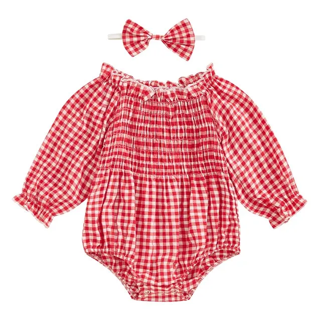 Baby Girls Farm Western Layette Onesie Romper with Bow Plaid