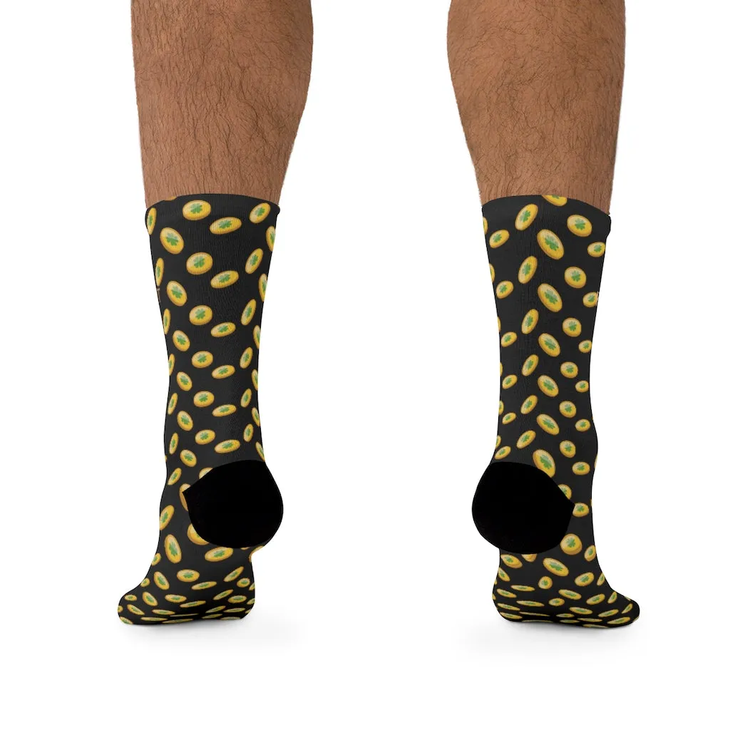 Black St. Patrick's Day Socks, Gold Coins Print Lucky Premium Unisex Socks- Made in USA