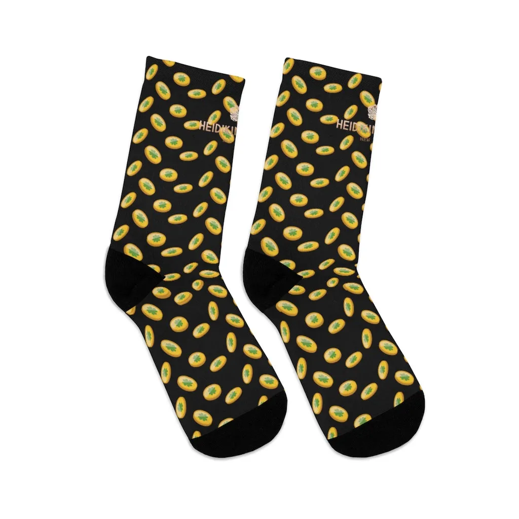 Black St. Patrick's Day Socks, Gold Coins Print Lucky Premium Unisex Socks- Made in USA