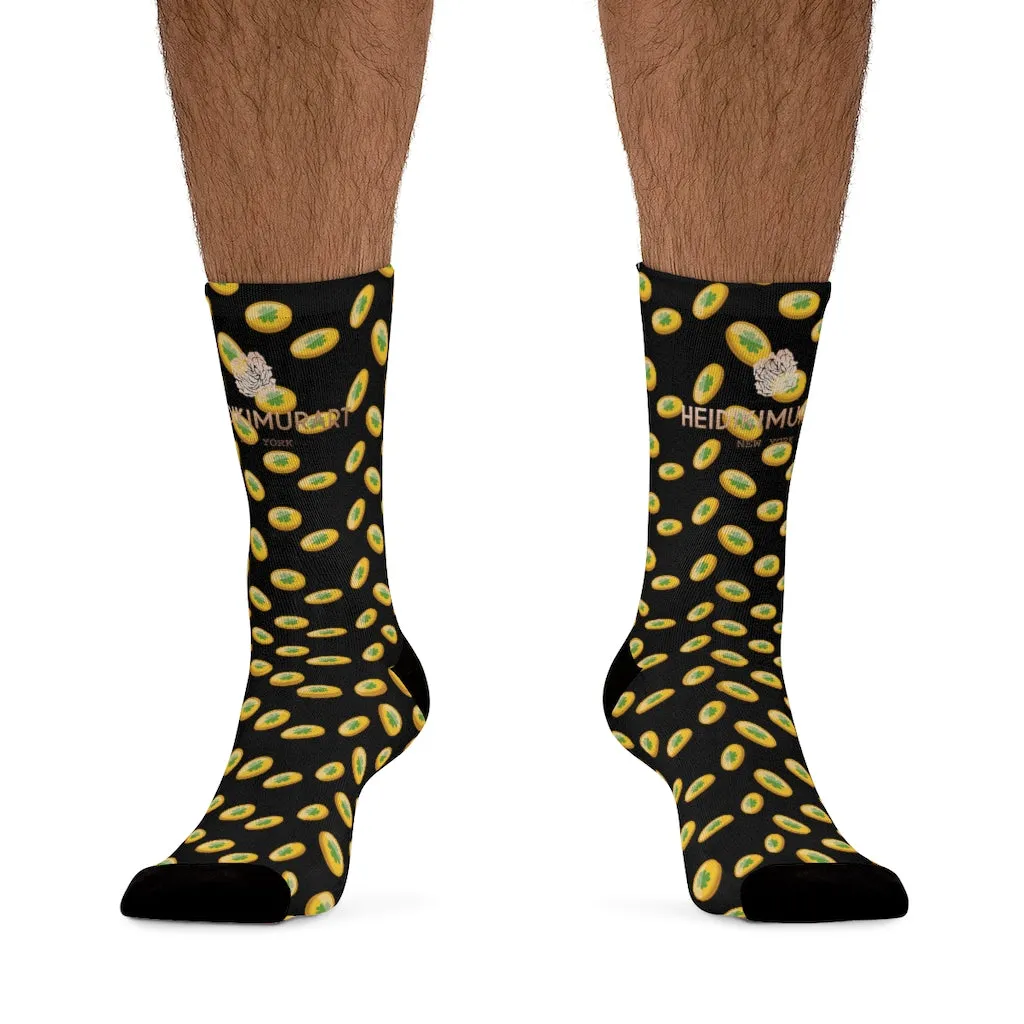 Black St. Patrick's Day Socks, Gold Coins Print Lucky Premium Unisex Socks- Made in USA