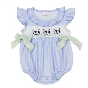 Blue Plaid Cow Gingham Western Baby Ruffle Bubble Romper