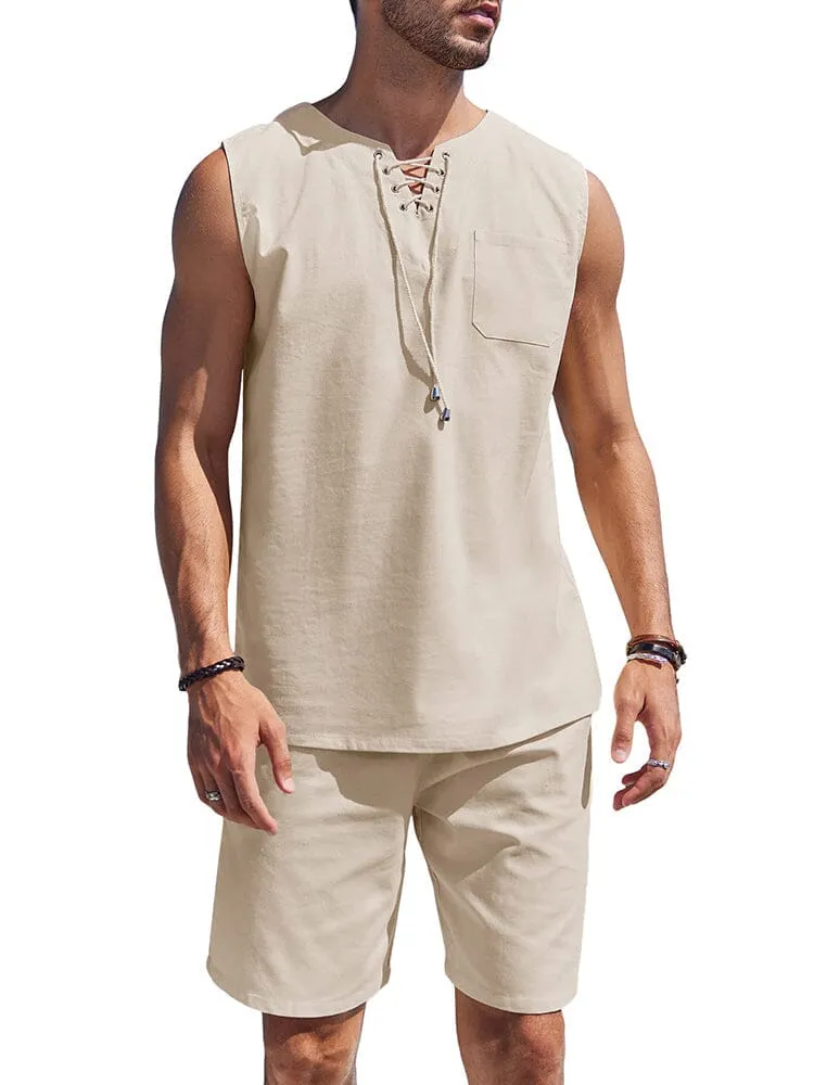 Casual 2 Piece Linen Drawstring Tank Top Sets (US Only)