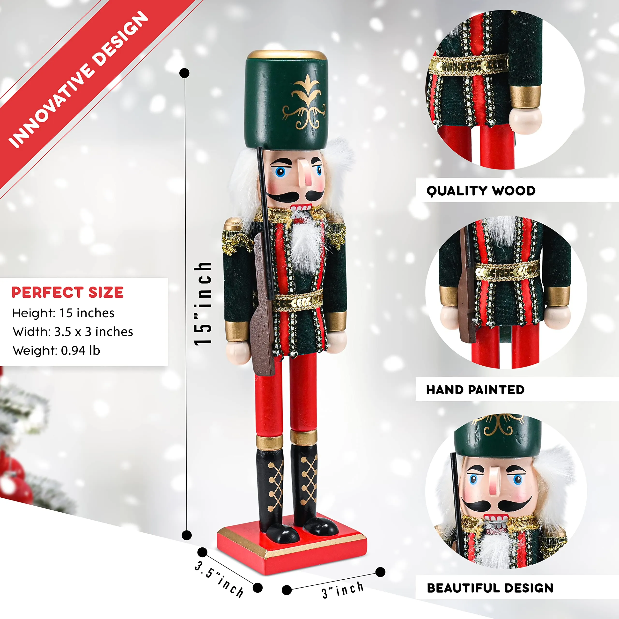 Christmas Toy Soldier Nutcracker – Red and Black Wooden Nutcracker Soldier with a Rifle Gun Xmas Themed Holiday Nut Cracker Doll Figure Decorations