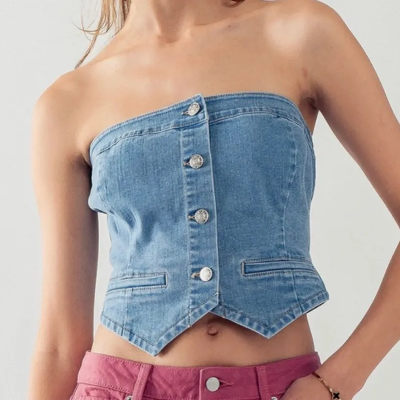 Denim Dreams Button Front Crop Tube Top