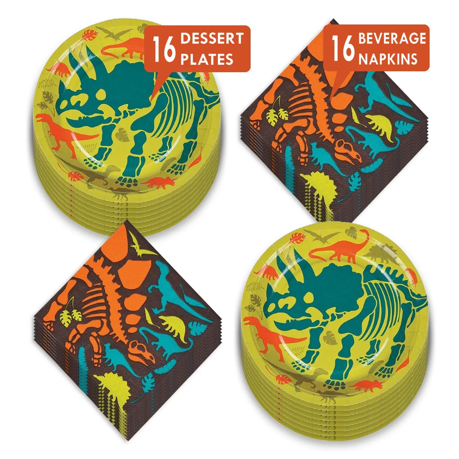 Dinosaur Party Supplies - Dino Dig Fossil Skeleton Paper Dessert Plates and Beverage Napkins (Serves 16)