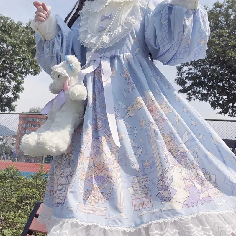 Getadme Japanese Sweet Kawaii Blue Lolita Long Sleeve Dress Fairy Dress Lolita Kawaii Sweet Lolita White Lolita Dress Harujuku Dress