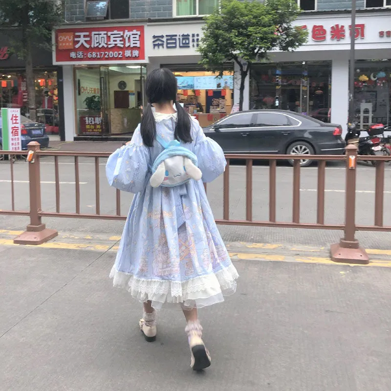 Getadme Japanese Sweet Kawaii Blue Lolita Long Sleeve Dress Fairy Dress Lolita Kawaii Sweet Lolita White Lolita Dress Harujuku Dress