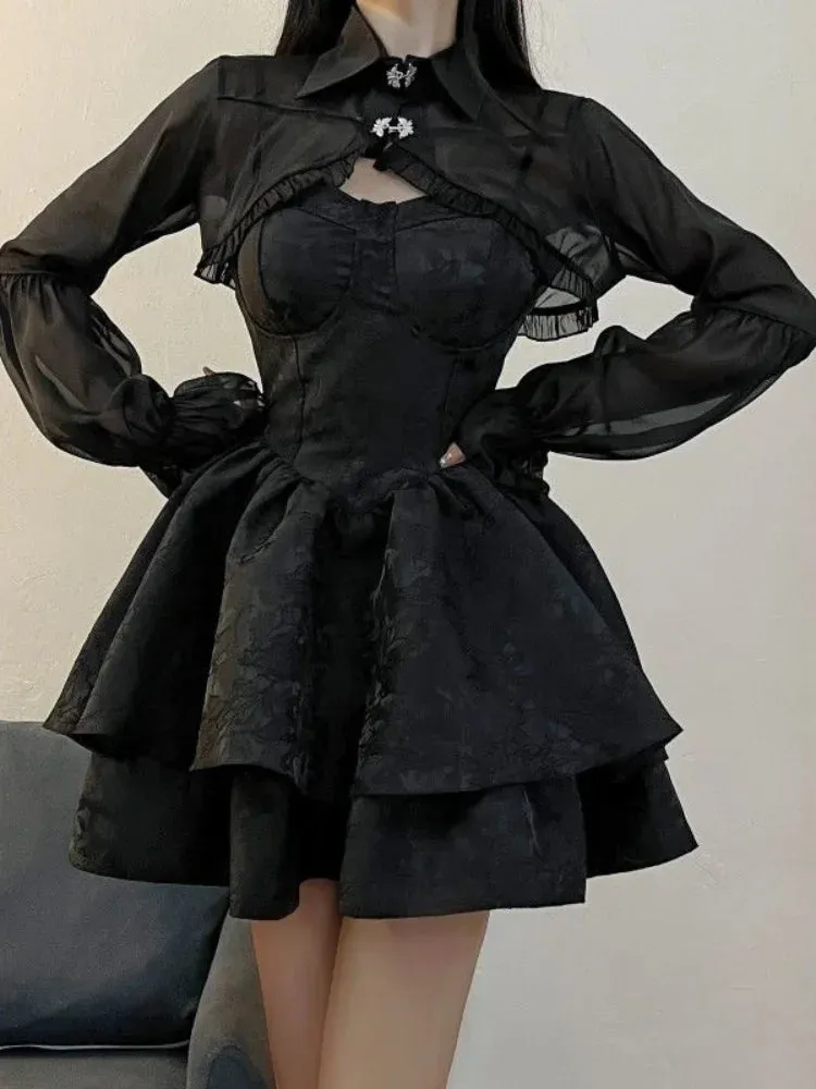 Girlary Black Sexy Lolita Dress Women Gothic Vintage Mini Dresses Harajuku Halloween Cosplay Costumes Long Sleeve Fairy Dress