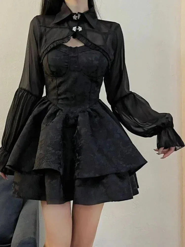 Girlary Black Sexy Lolita Dress Women Gothic Vintage Mini Dresses Harajuku Halloween Cosplay Costumes Long Sleeve Fairy Dress