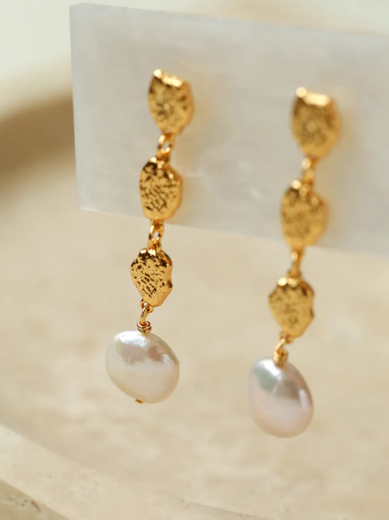 Gold Lava Coin Baroque Pearls Long Drop Earrings