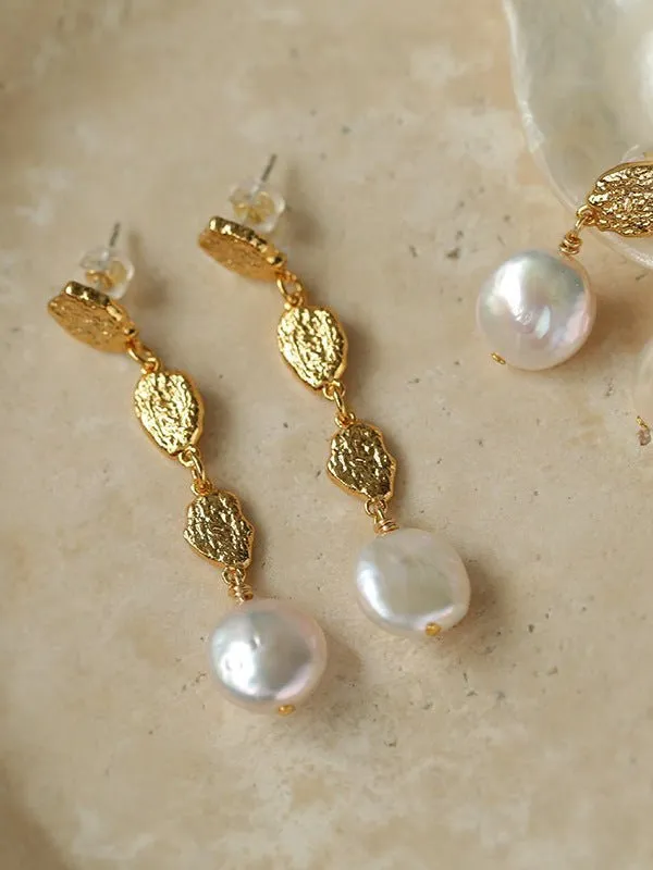 Gold Lava Coin Baroque Pearls Long Drop Earrings