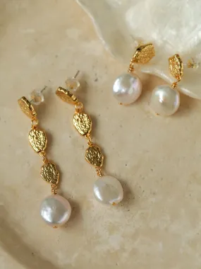 Gold Lava Coin Baroque Pearls Long Drop Earrings