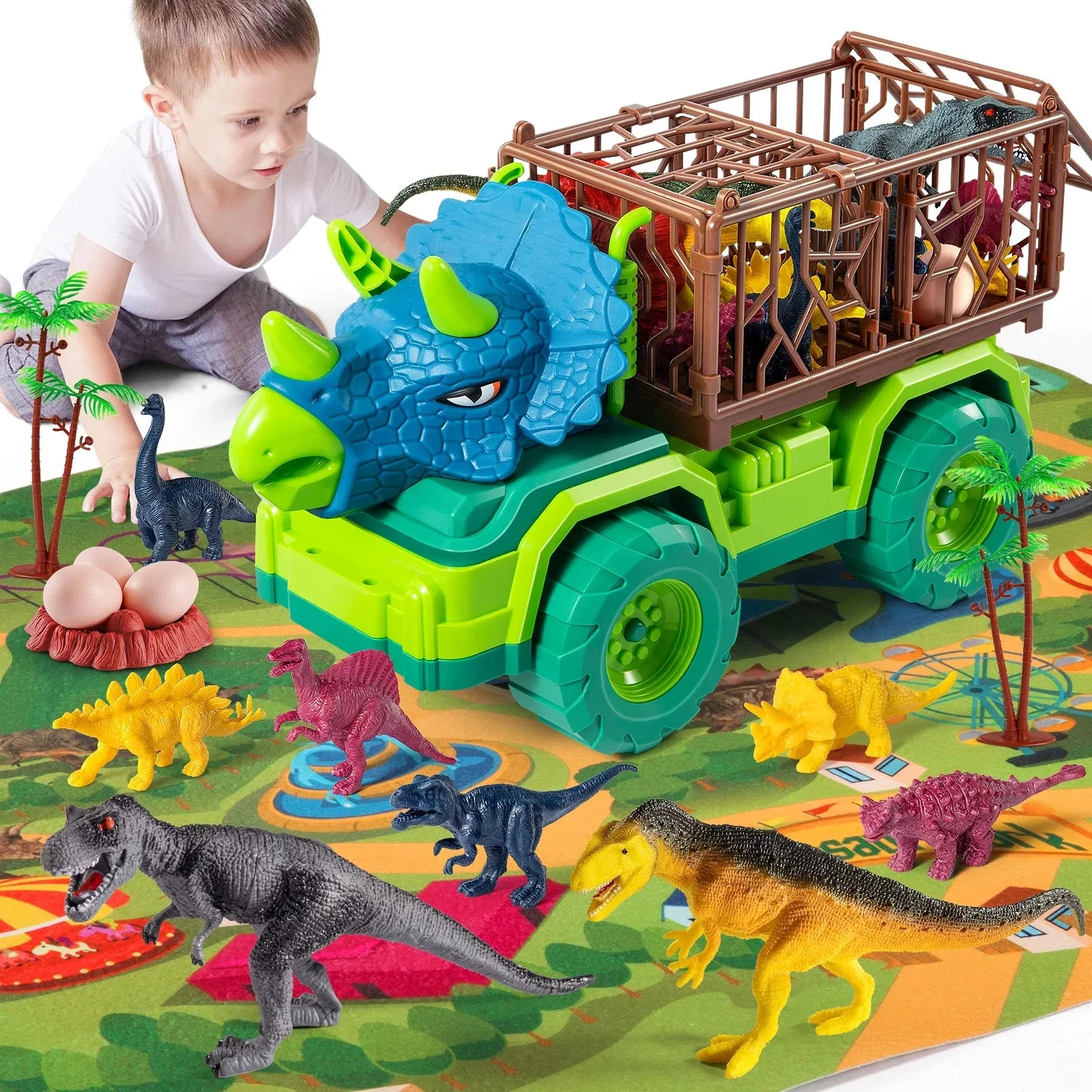 Kids Dinosaur Truck Toy Triceratops Transporter Boys and Girls Capture Dinosaur Playset