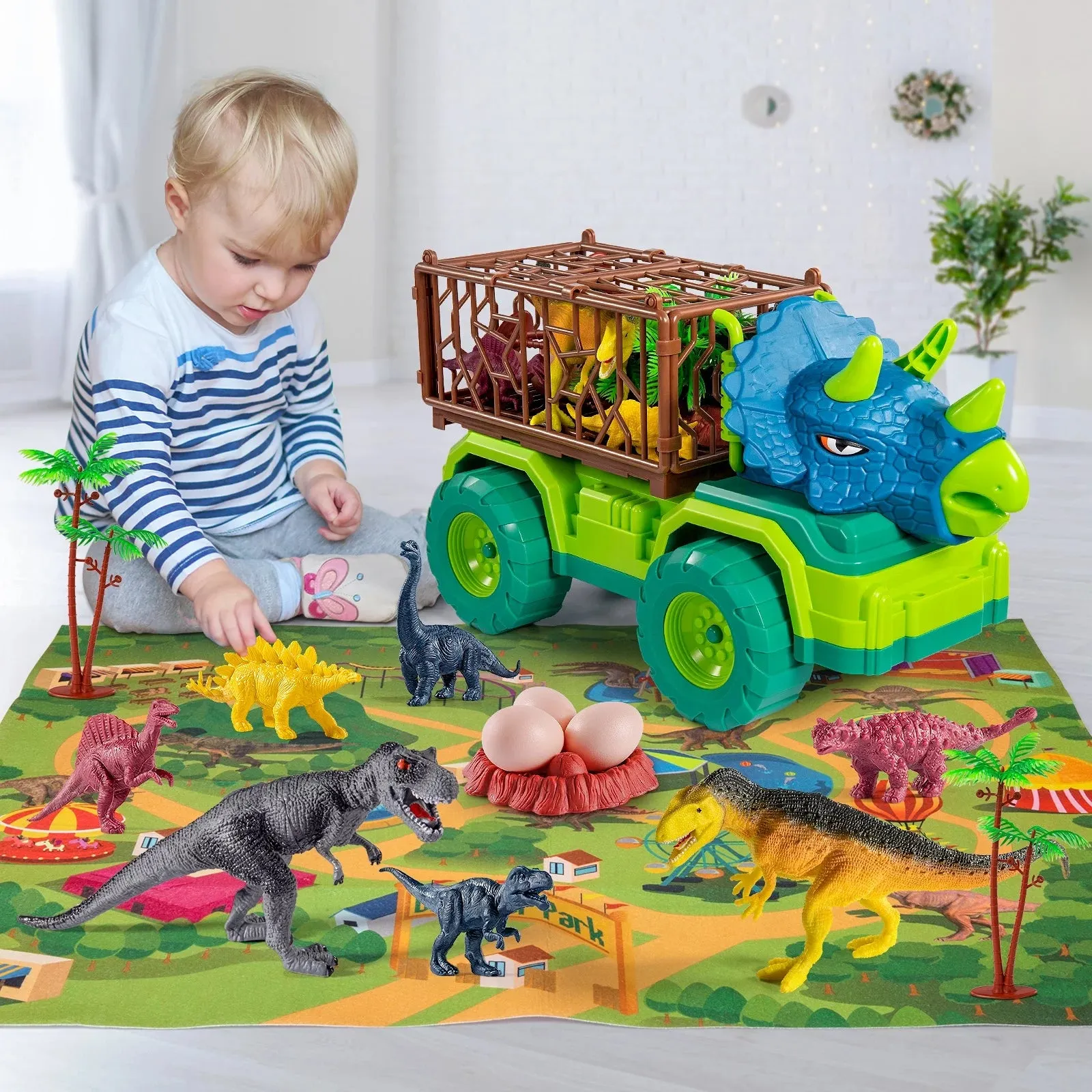 Kids Dinosaur Truck Toy Triceratops Transporter Boys and Girls Capture Dinosaur Playset