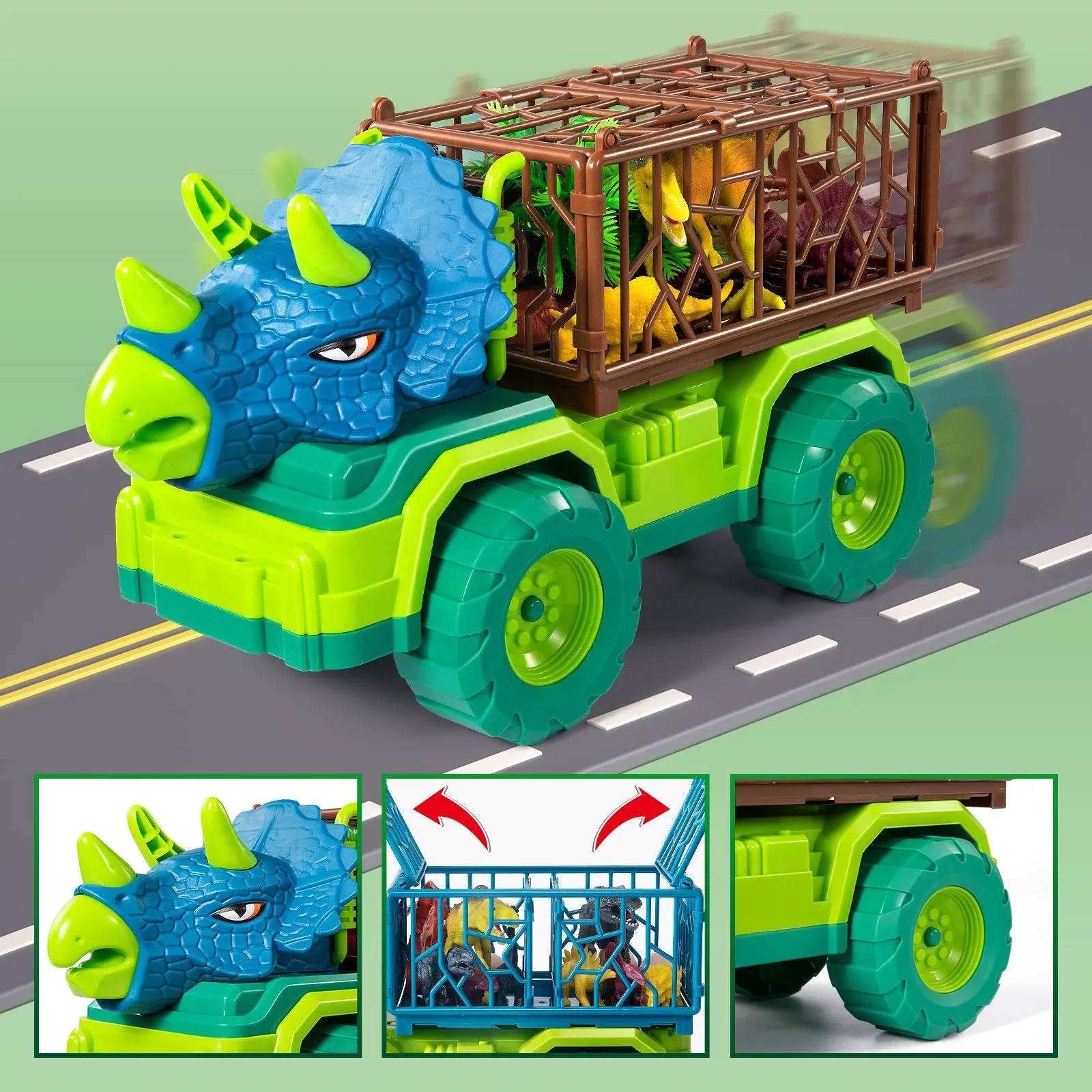 Kids Dinosaur Truck Toy Triceratops Transporter Boys and Girls Capture Dinosaur Playset