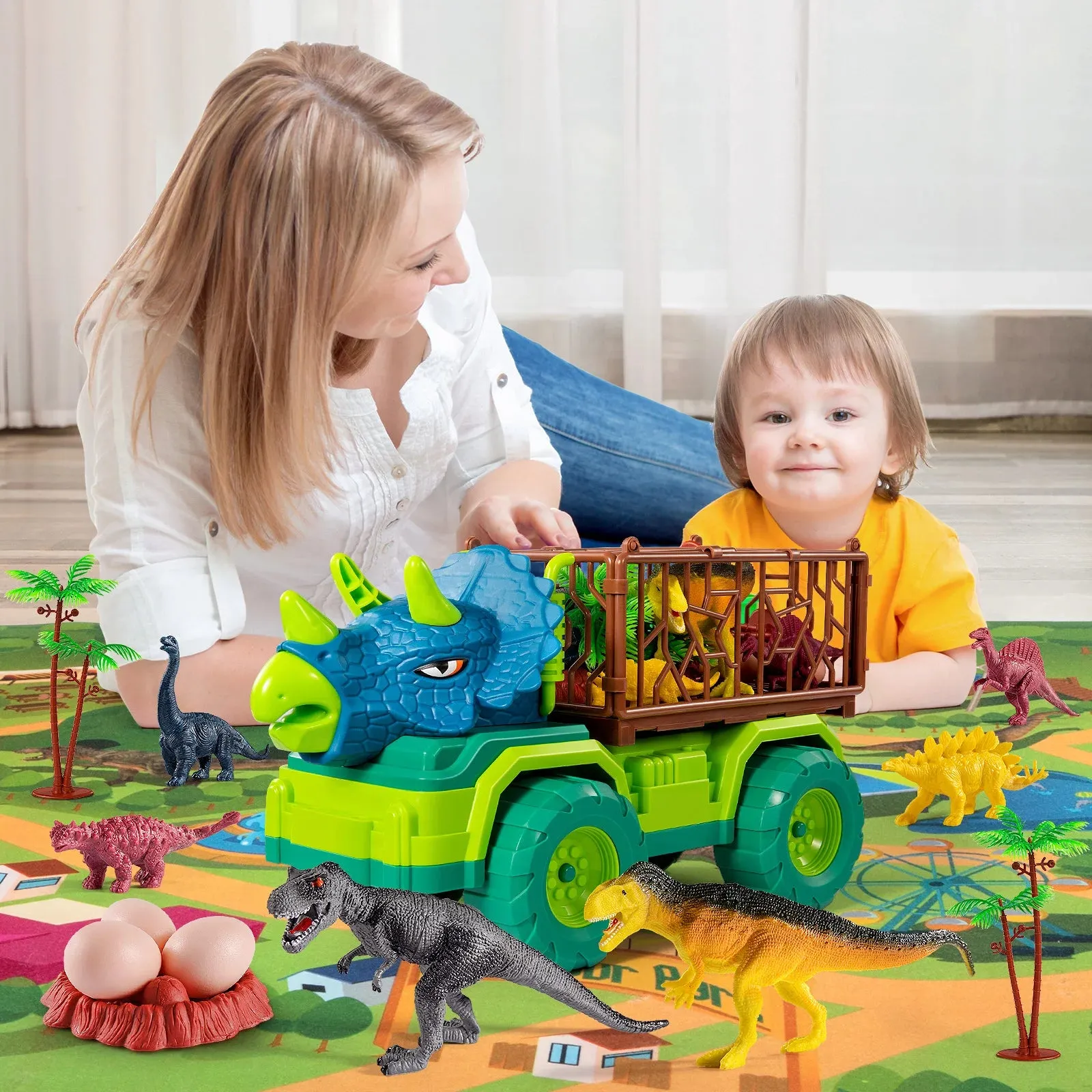 Kids Dinosaur Truck Toy Triceratops Transporter Boys and Girls Capture Dinosaur Playset