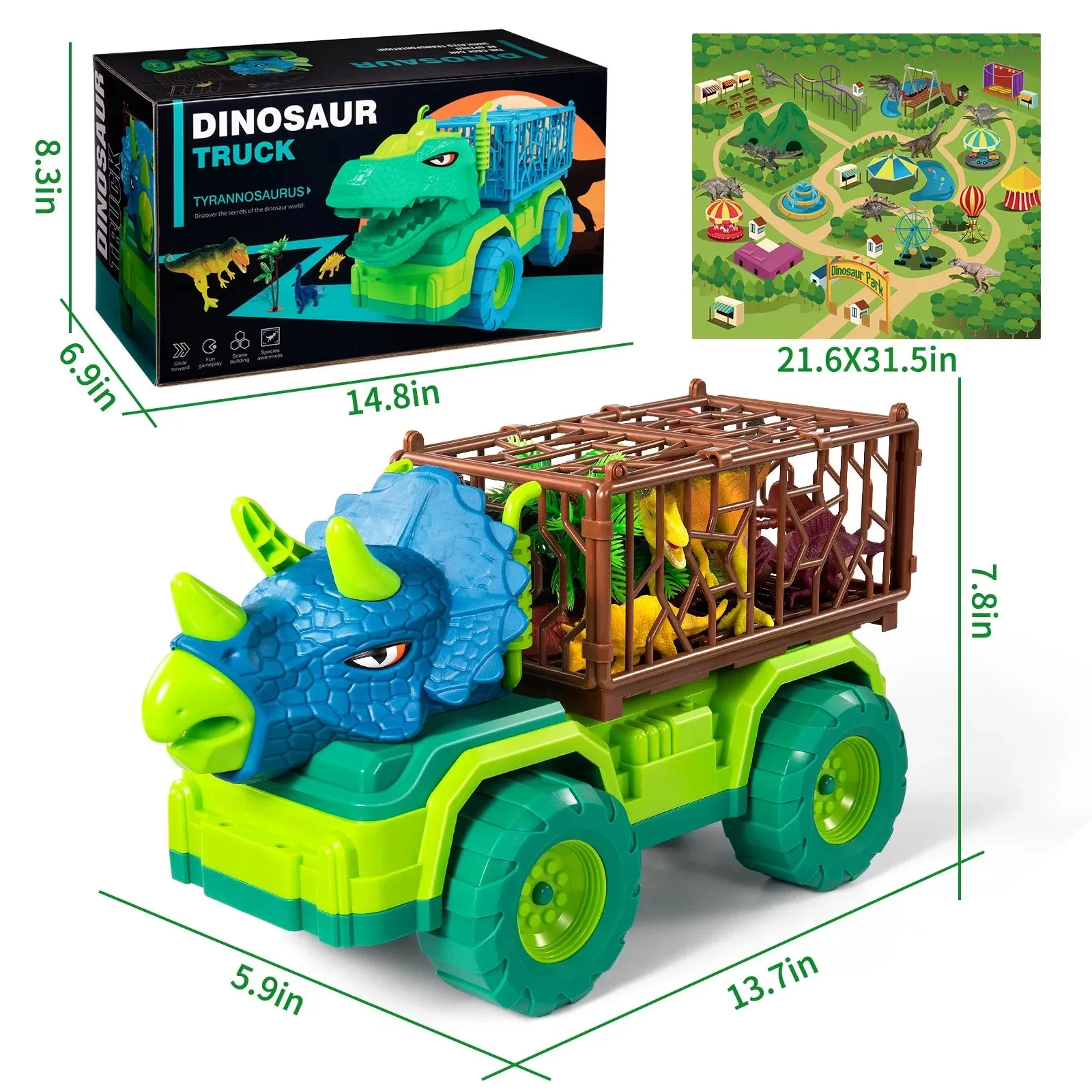 Kids Dinosaur Truck Toy Triceratops Transporter Boys and Girls Capture Dinosaur Playset