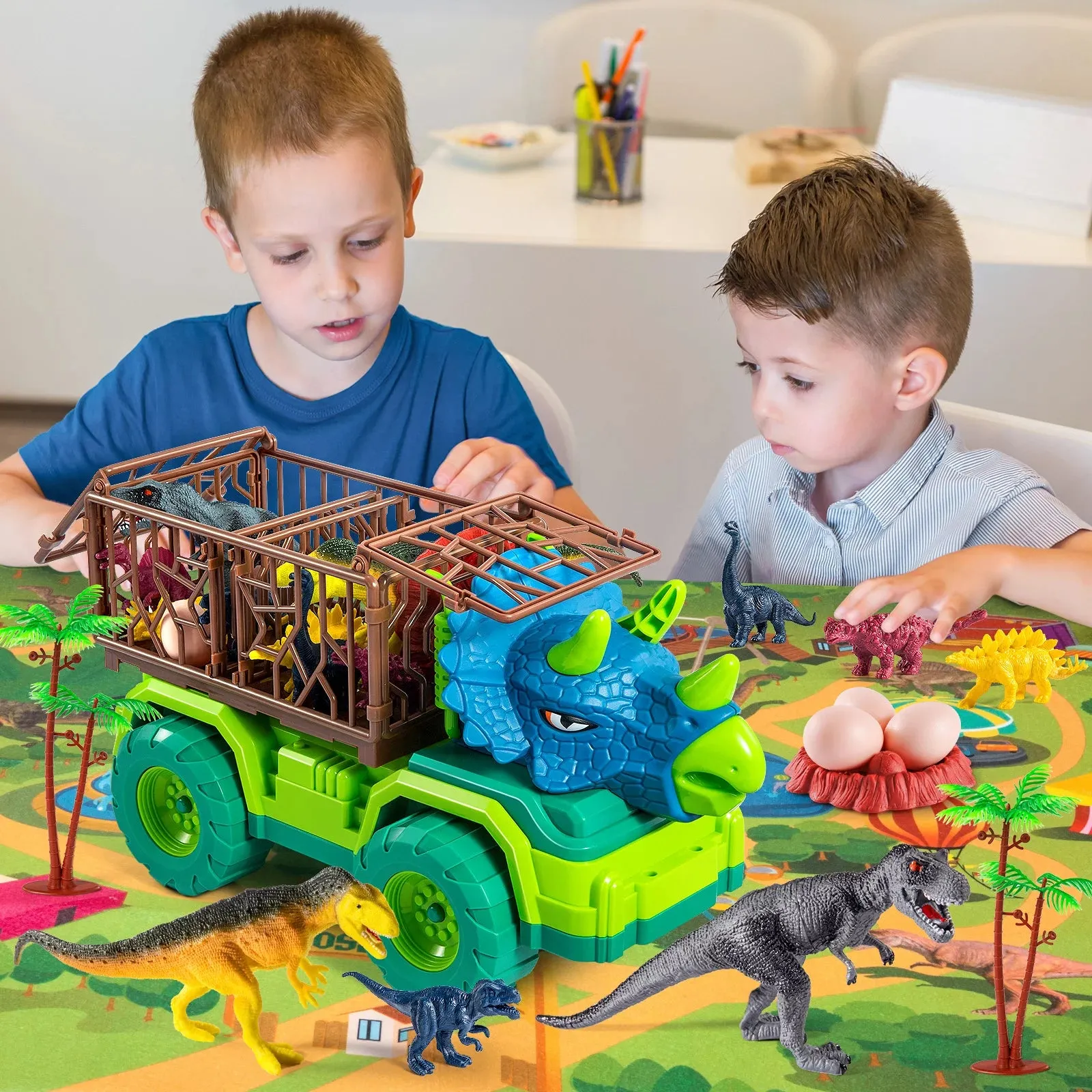 Kids Dinosaur Truck Toy Triceratops Transporter Boys and Girls Capture Dinosaur Playset