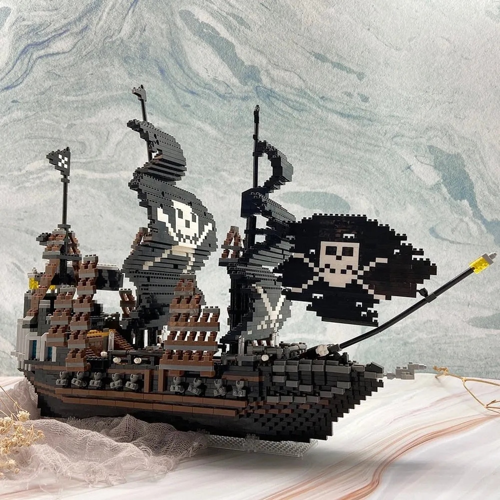 MOC NON  Black Pirate Ship Plastic Model Building Blocks for Adults  Micro Mini Bricks Toys Kits Assemble Sailboat Sale