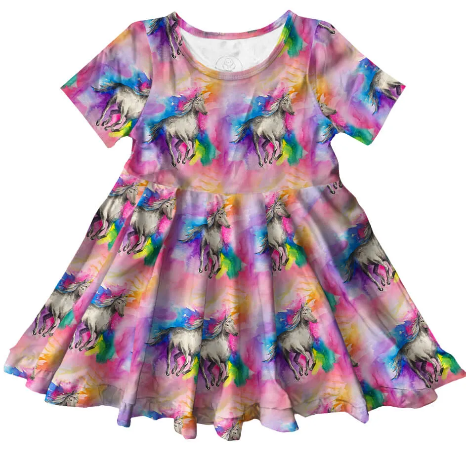 PREORDER Rainbow Horses Short Sleeve Twirl Dress (Ships w/c 2nd Dec)