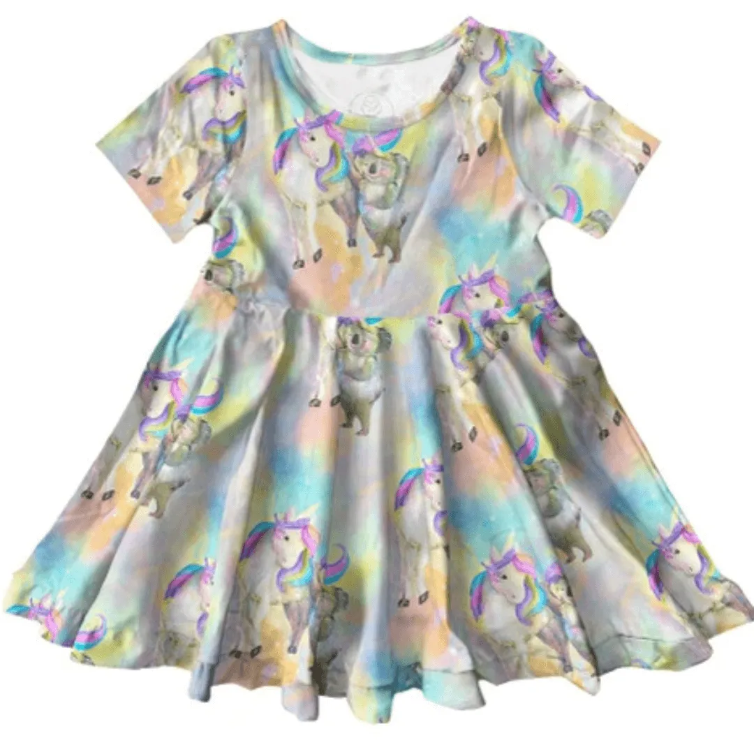 Rainbow Unicorn and Koala Short Sleeve Twirl Dress