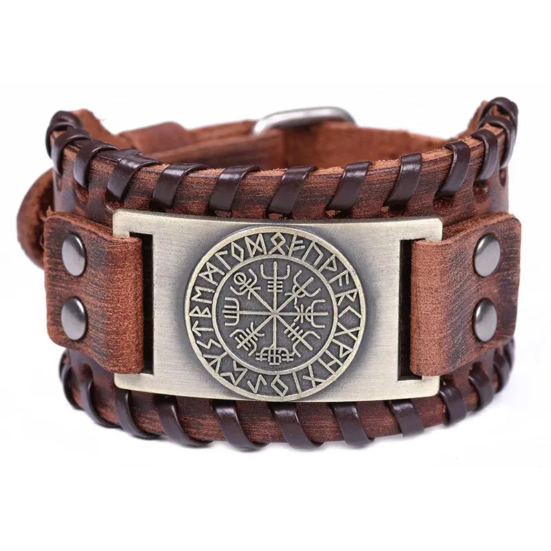 Retro Wide Leather Pirate Compass Bracelet